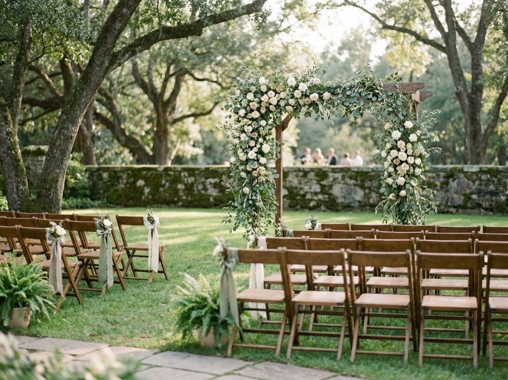 Full wedding ceremony setup with a floral arbor and rows of guest chairs on a garden lawn