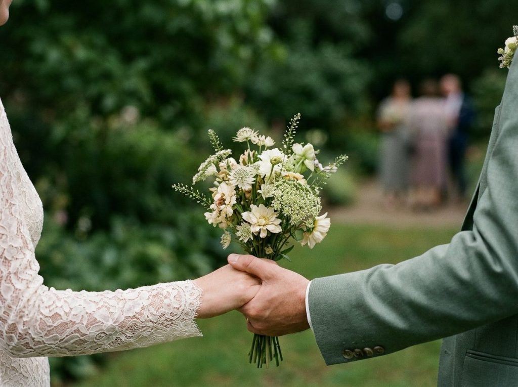 Close-up of a couple holding hands with a small wildflower posy, a few guests softly blurred in the garden behind