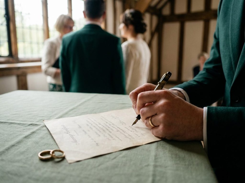 Hand signing a marriage certificate with a fountain pen, two wedding rings resting beside the page