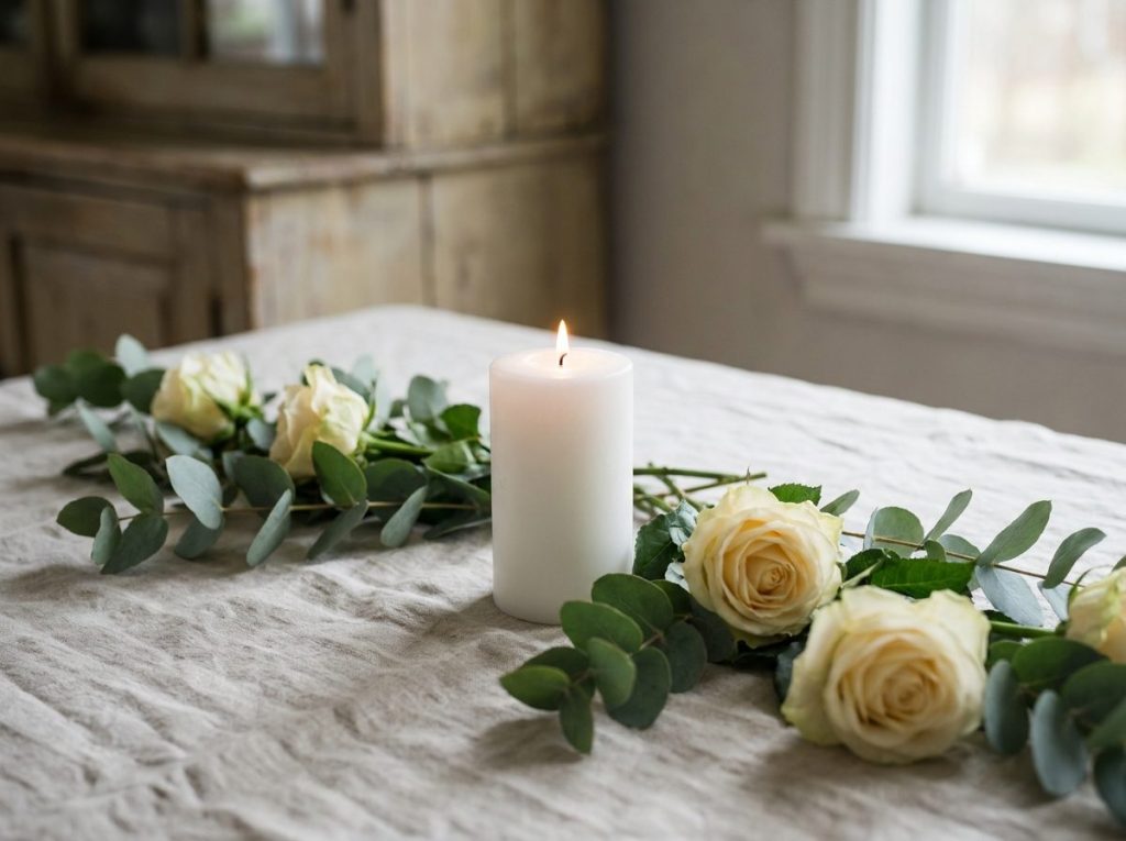 White pillar candle with eucalyptus sprigs and cream roses on a linen cloth